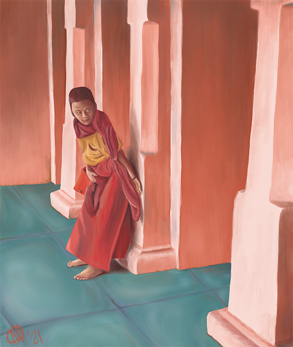 digital painting of monk boy playing in temple